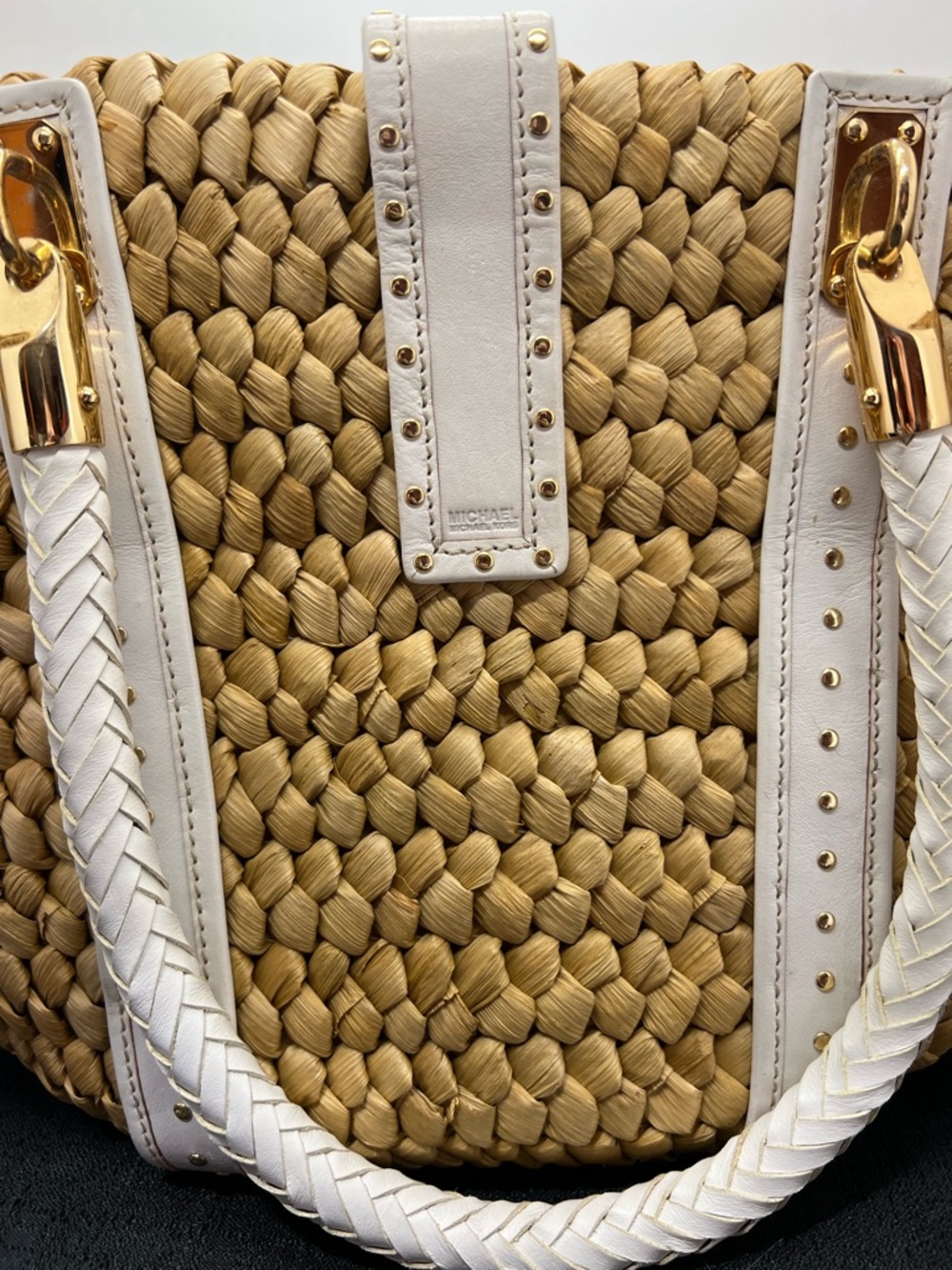 Michael Kors Santorini Woven Straw Tote Ivory Leather Trim Large Bag - Picture 5 of 11